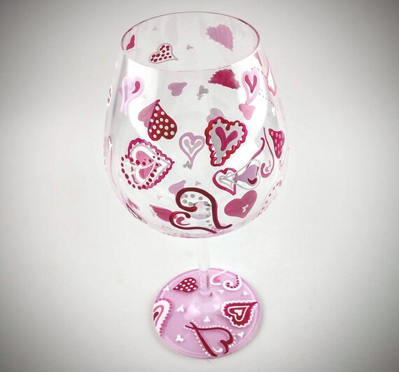 Valentine Heart Wine glass - Fancy Hearts - Hand Painted - Gift for Her - Anniversary, Valentine's Day, Birthday
