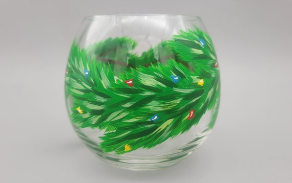Christmas Garland Stemless Glass - Wine, Cocktails, Drinks - Holiday Lights - Hand Painted