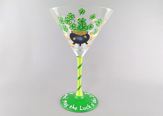Luck of the Irish Themed Martini Glass - Green Clovers, Pot of Gold, Leprechaun Hat - Hand Painted - St. Patrick's Day Cocktail Glass