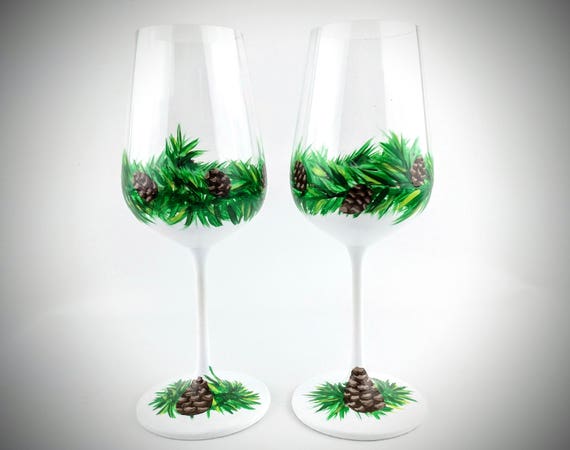 2 Hand Painted Wine Glasses Pine Cone Winter Theme Holiday Etsy