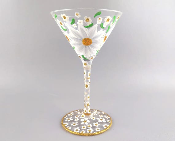 Spring Flowers Hand Painted Martini Glass - Glitter & Pearl Accents - Spring or Summer Cocktail