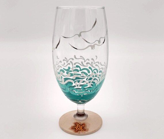 Beach Theme Stemmed Beer Glass - Hand Painted - Waves, Seagulls, Starfish, Sparkly Sand - Personalized - Pilsner
