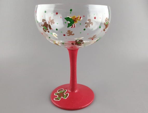 Christmas Gingerbread Cookie Margarita Glass - Candy Cane, Holly - Hand Painted - Festive Cocktail Glass