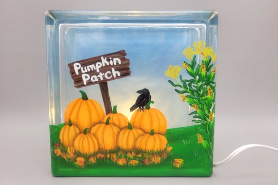 Pumpkin Patch Lighted Glass Block - Fall Themed - Corn, Crow - Electric Single Light