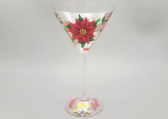 Merry Christmas Poinsettia Martini Glass - Holly & Berries - Hand Painted - Glitter, Silver Bells, Gold Ribbon