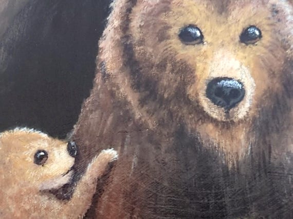 Hand-Painted Bear Family Wood Slice Art, Cozy Cave Woodland Nursery Decor
