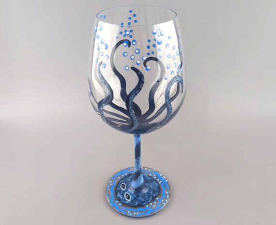 Blue Octopus Wine Glass - Hand Painted - Ocean, Underwater, Sea Life, Kraken - Hand Painted - Unique Gift Idea