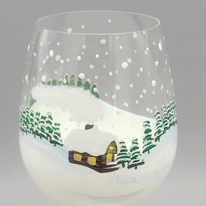 Winter Cabin Scene Wine Glass - Stemless - Hand Painted - Snow, Pine Trees, Cozy, Snowflakes