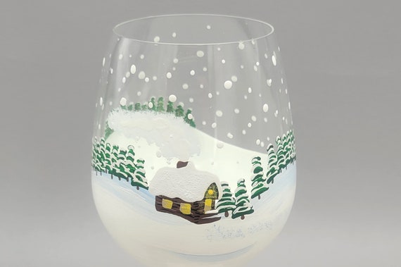 Winter Cabin Scene Wine Glass - Stemless - Hand Painted - Snow, Pine Trees, Cozy, Snowflakes