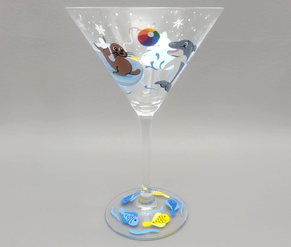 Fun at the North Pole Martini Glass - Hand Painted - Polar Bear, Sea Lion, Dolphin, Penguins, Fish - Cocktail Glasses