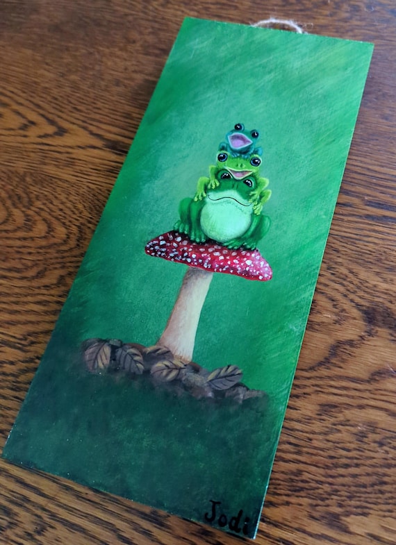 The Balancing Act – Hand-Painted Frogs on Wood | Original Woodland Art | Nature Wall Decor