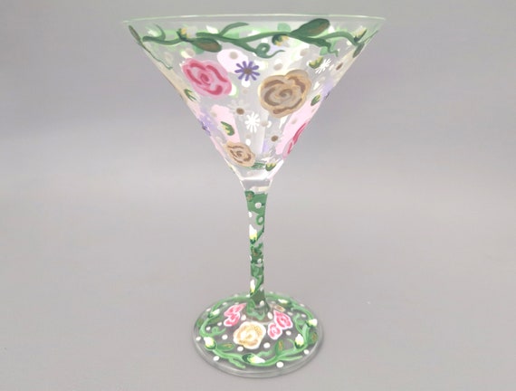 Spring Flowers Hand Painted Martini Glass - Glitter & Pearl Accents - Spring or Summer Cocktail