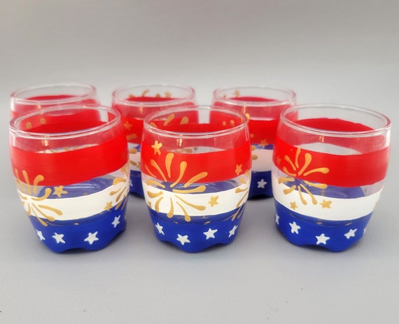 Set of Six Patriotic Shot Glasses - Hand Painted - 2.75 ounce - Stars & Stripes - Fireworks - 4th of July - Memorial Day