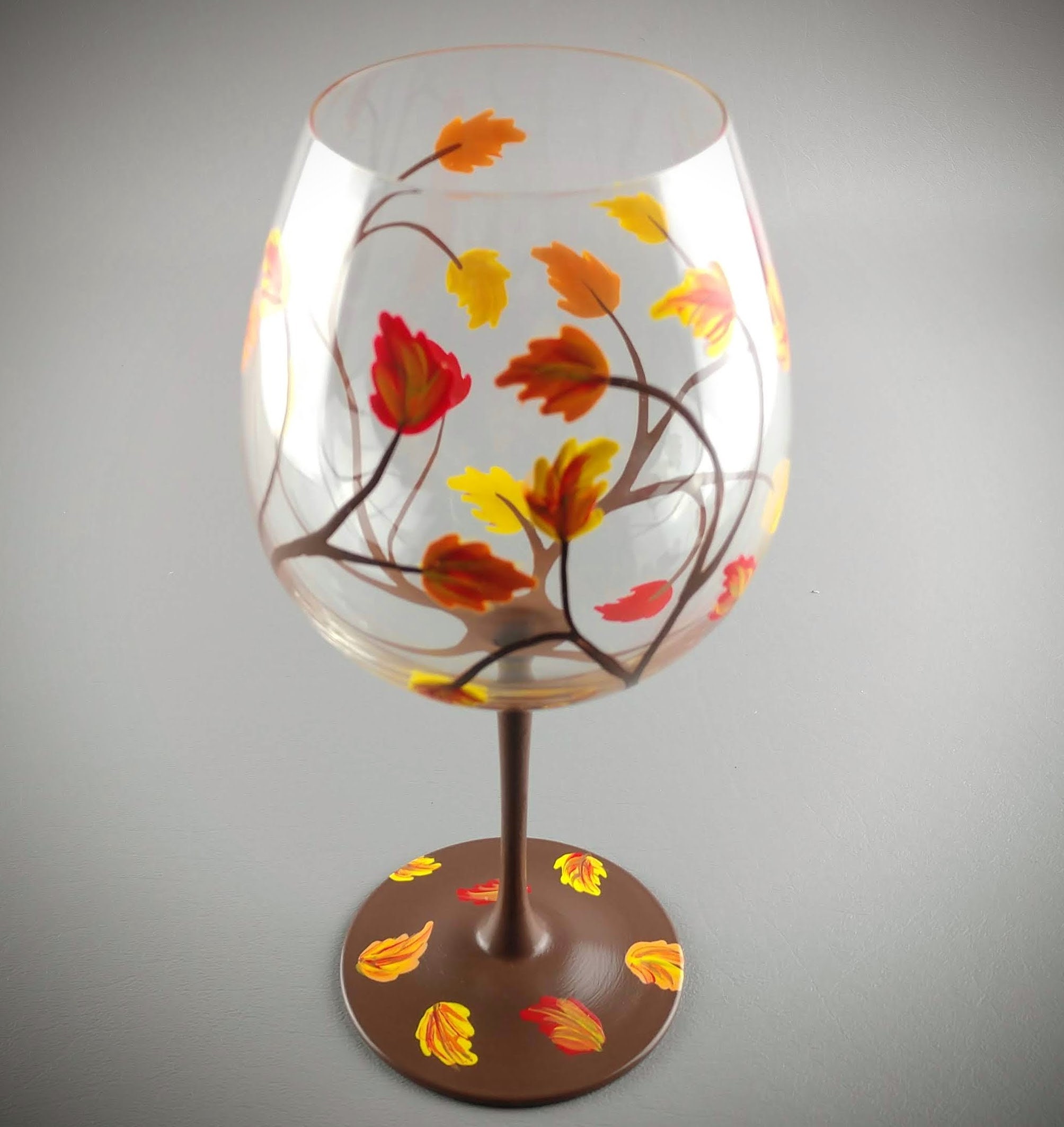 Hand Painted Yellow 23 oz Leaves of Red Orange Fall Colors 23 ounce Tree Fall Leaves Autumn Leaf Red Wine Glass