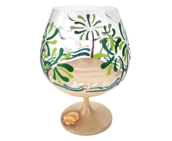 Tropical Scene Whiskey Glass - Hand Painted - Cocktail Beach Theme - Palm Trees, Waves, Sparkly Sand, Seagulls - Summer