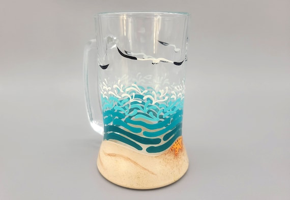 Beach Themed Beer Mug- 16 oz - Hand Painted - Waves, Seagulls, Starfish, Sparkly Sand - Beer Glass