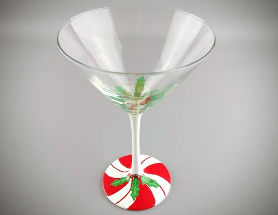 Christmas Martini Glass Candy Cane & Holly Hand Painted Red, White, Green  Holiday Cocktail Glasses 