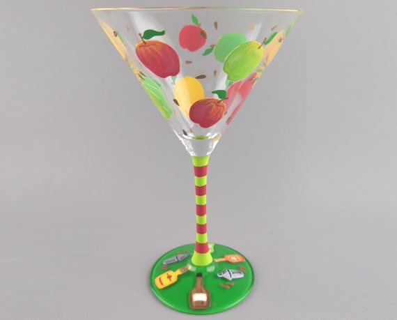 Apple Martini Glass - Hand Painted - Colorful Apples, Cocktail Shakers, Liquor Bottles - Unique Gift