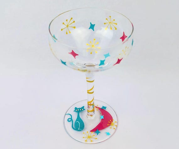 Atomic Cat Martini Glass – Mid Century Modern Atomic Kitty – Retro Space Age Cat Cocktail Glass – Hand Painted MCM Barware