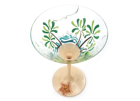 Tropical Scene Martini Glass - Hand Painted - Beach Theme - Palm Trees, Waves, Sparkly Sand, Seagulls - Summer Cocktail