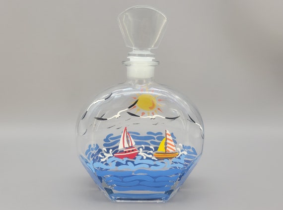Whiskey Decanter - Sailing Theme - Sailboats, Waves, Seagulls, Sunshine - Hand Painted Glass Container