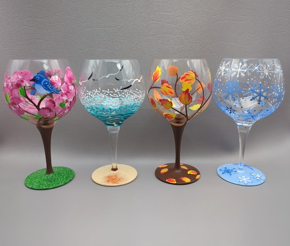 4 Seasons Stemmed Wine Glass Set - Four Wine Glasses - Spring, Summer, Fall & Winter - Hand Painted