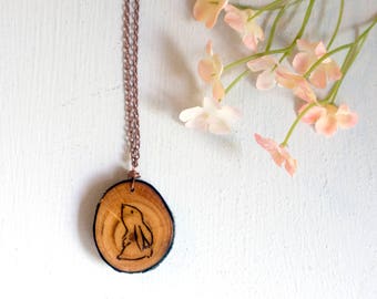 Bunny Necklace, Rabbit Necklace, Bunny Jewelry, Wood Slice Necklace, Wood Slice Pendant, Wood Burned Rabbit, Wood Bunny, Rabbit Jewelry