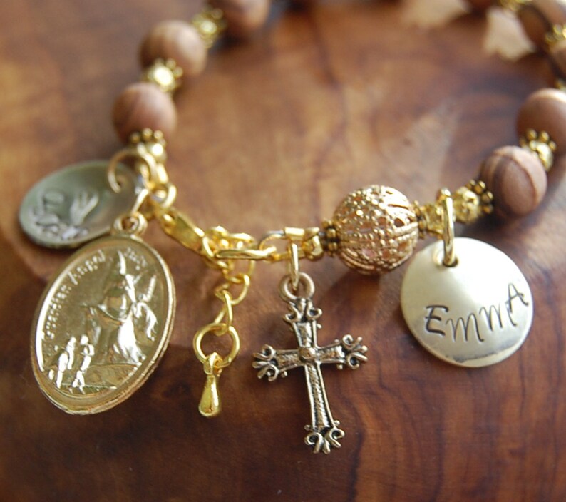 First Communion Girl Guardian Angel Olive Wood Rosary Bracelet Handstamped Personalized Gift Jerusalem Olive Wood Custom Gift