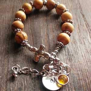 Boy First Communion Gift. Olive Wood Bracelet. Personalized Hand Stamped. Confirmation Gift. Catholic Chaplrt. Baptism Gift.