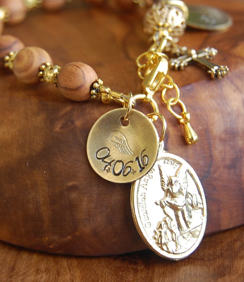 First Communion Girl Guardian Angel Olive Wood Rosary Bracelet Handstamped Personalized Gift Jerusalem Olive Wood Custom Gift