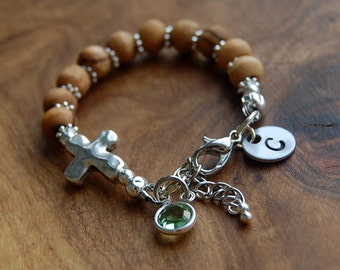 Pulsera de madera de olivo personalizada para bebé, regalo de bautizo con inicial