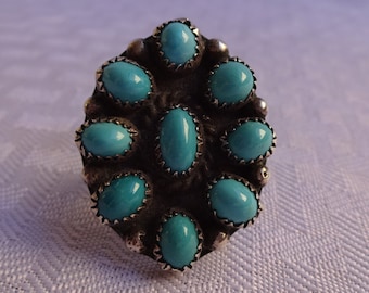 Vintage Sterling Silver & TURQUOISE Cluster RING, size 5 1/2