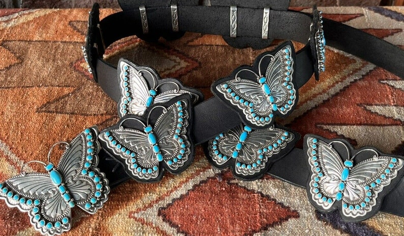 Lee Charley Navajo Sterling Silver SLEEPING BEAUTY TURQUOISE Butterfly Belt image 2