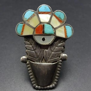 Vintage ZUNI Solansikte Inlägg Sterling Silver Blomkruka Ring Storlek 7.75 Turkos Korall