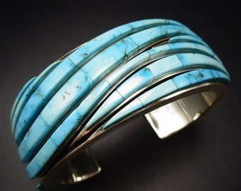 Earl Plummer NAVAJO Heavy Sterling Silver WAVES of TURQUOISE Cuff Bracelet