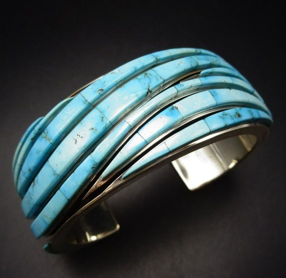 Heavy Thick Vintage Native American Navajo Turquoise Wave Sterling Silver Ring Heavy Thick Vintage Native American Navajo Turquoise Wave Sterling Silver Ring