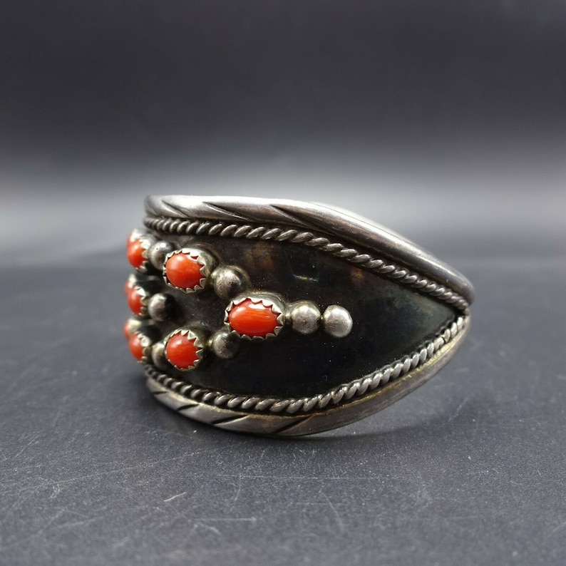 Vintage NAVAJO Sterling Silver Red CORAL Cuff BRACELET Dark Oxidized ...