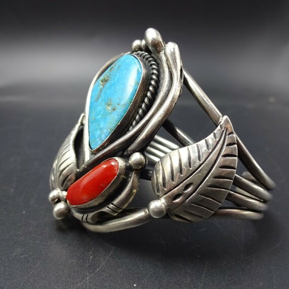 Roy VANDEVER Vintage Navajo Sterling Silver CORAL TURQUOISE Cuff