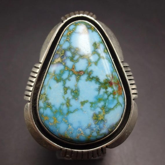 Big COOPER WILLIE Navajo Webbed Kingman TURQUOISE Sterling Silver Ring size 8.5