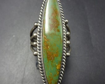 LONG Orville Tsinnie Navajo Sterling Silver Green MANASSA TURQUOISE Ring sz 7.5