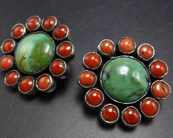 FEDERICO JIMENEZ Sterling Silver Red Med Coral and TURQUOISE Earrings Clip-On