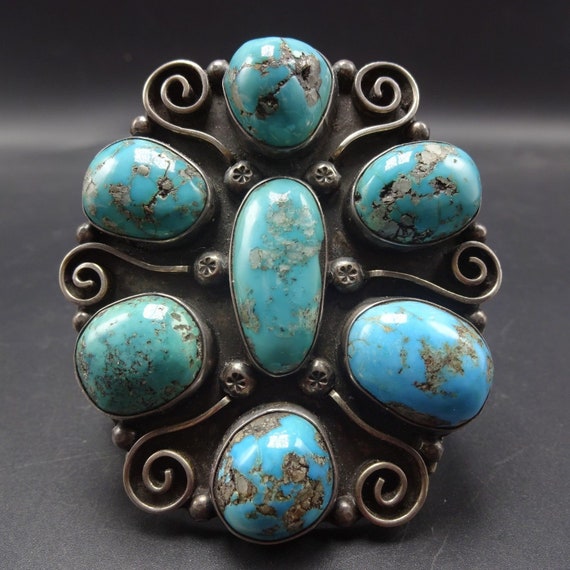 Huge Frog Vintage Native American Navajo Domed Green Turquoise Sterling Silver Bracelet Huge Frog Vintage Native American Navajo Domed Green Turquoise Sterling Silver Bracelet