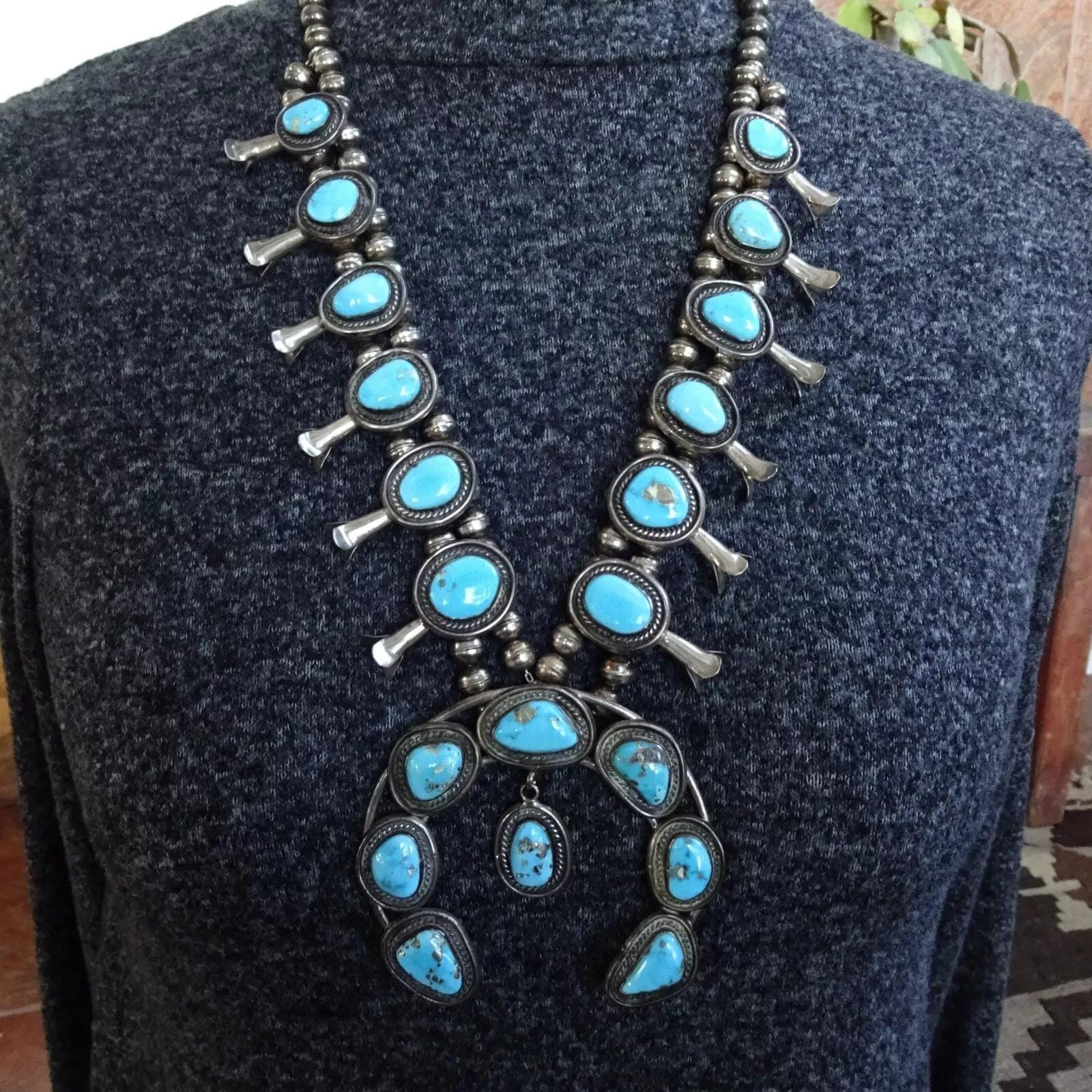 Navajo RAY DELGARITO Sterling Silver Morenci TURQUOISE Squash