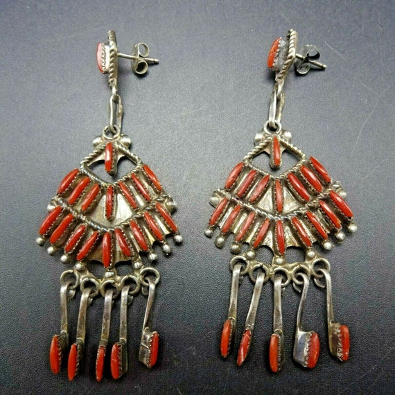 Radiant ZUNI Sterling Silver RED CORAL Needlepoint Earrings Dangle  