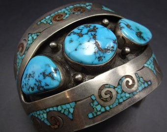 CHARLIE SINGER Navajo Vintage Sterling Silver TURQUOISE Cuff Bracelet Chip Inlay