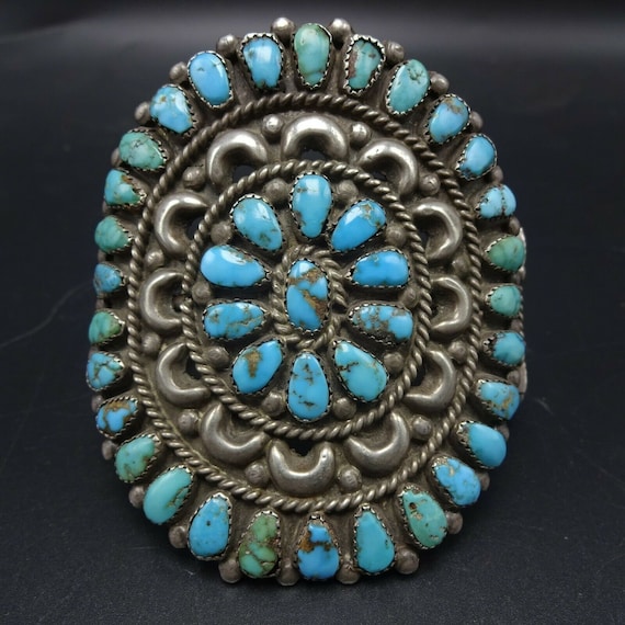 petit point navajo turquoise cuff bracelet zuni turquoise bracelet 1940s Vintage Sterling Silver TURQUOISE Petit Point Cluster Cuff