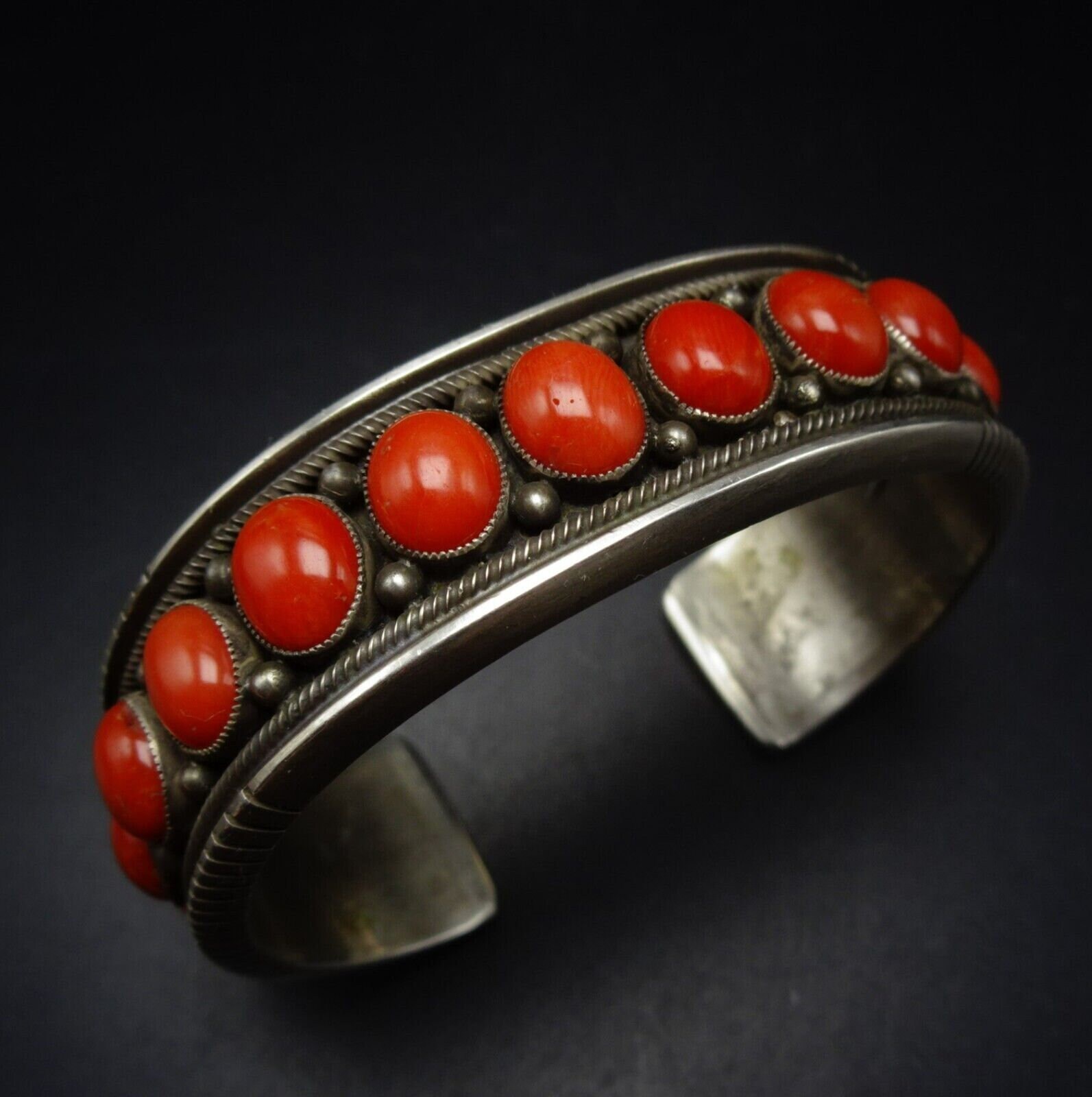 Calvin Martinez NAVAJO Sterling Silver RED MEDITERRANEAN Coral Cuff Bracelet