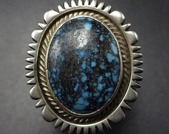 NED NEZ Navajo Blue TURQUOISE with Tight  Black Spiderweb Matrix Ring size 11.25