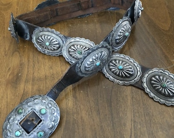 FABULOUS Old Hand Stamped Repousse Sterling Silver NATURAL TURQUOISE Belt