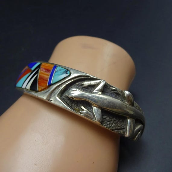 HEAVY Signed Navajo CHANNEL Inlay Cuff BRACELET w… - image 5